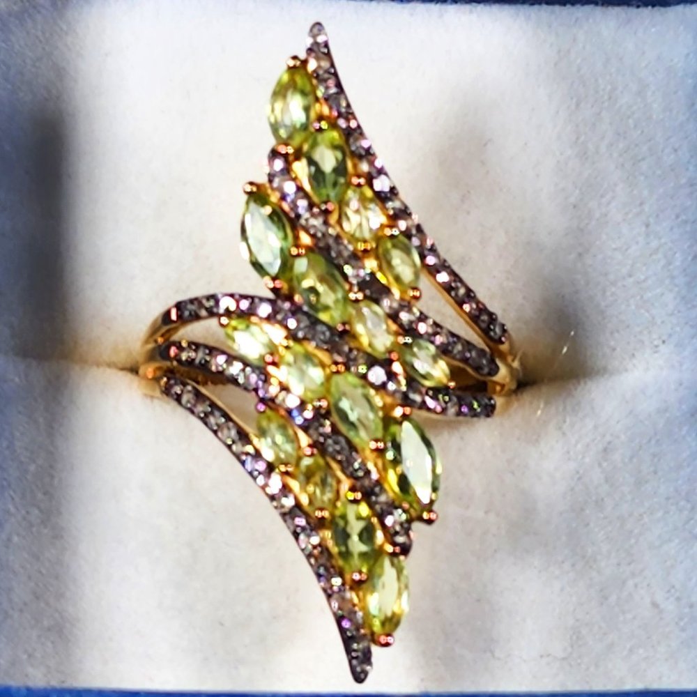 Natural Arizona Peridot & Brown Zircon bypass ring in Yellow Gold/925SS sz 9 3ct
